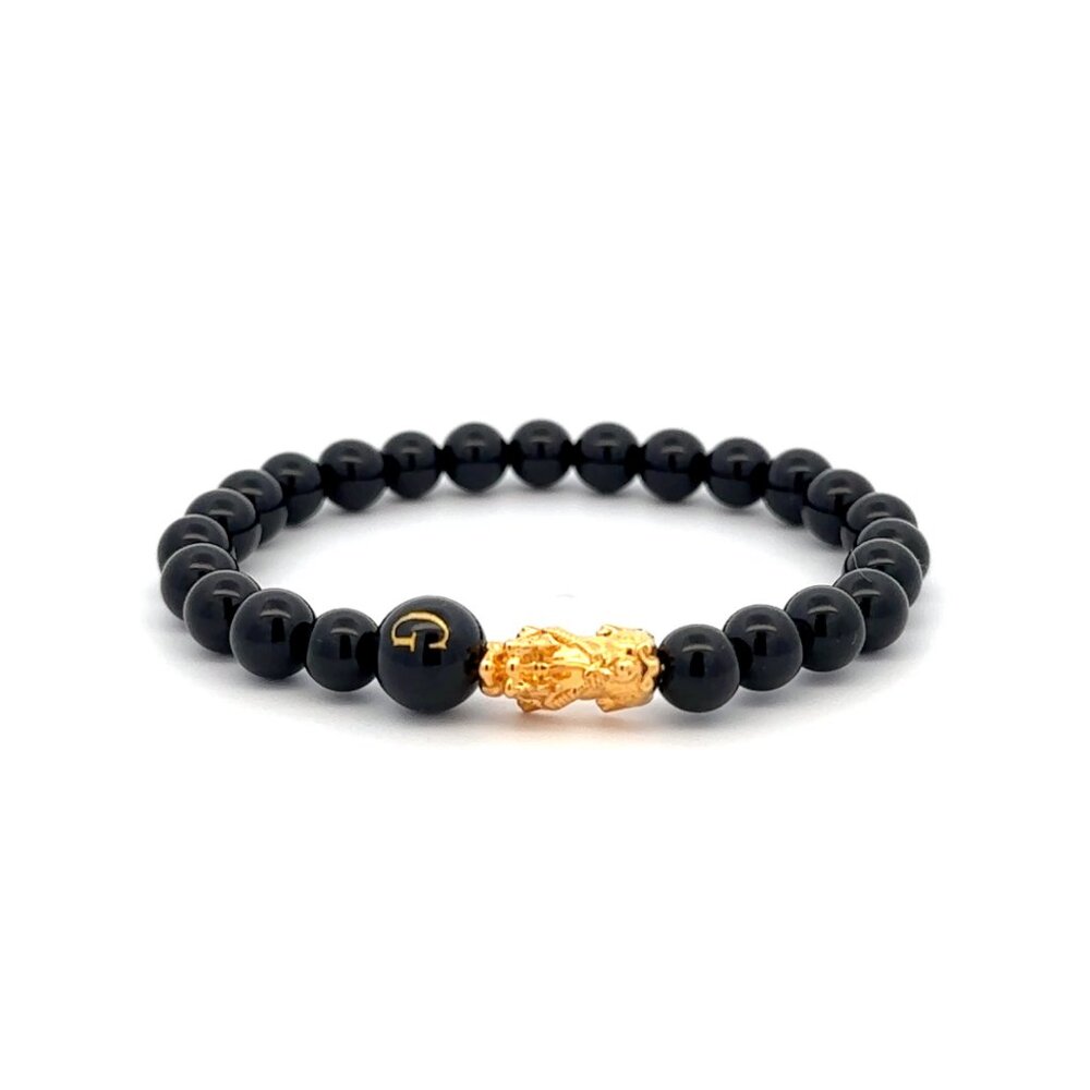 18K Gold Pixiu Piyao Bracelet Gemstones Onyx 6mm Elastic Bracelet Letter G